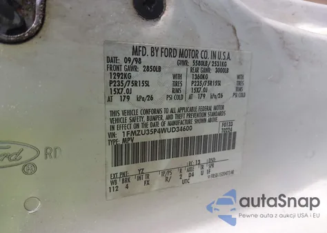 1998 Ford Explorer Eddie Bauer/Limited/Xlt z USA, uszkodzony, nr VIN 1FMZU35P4WUD34600